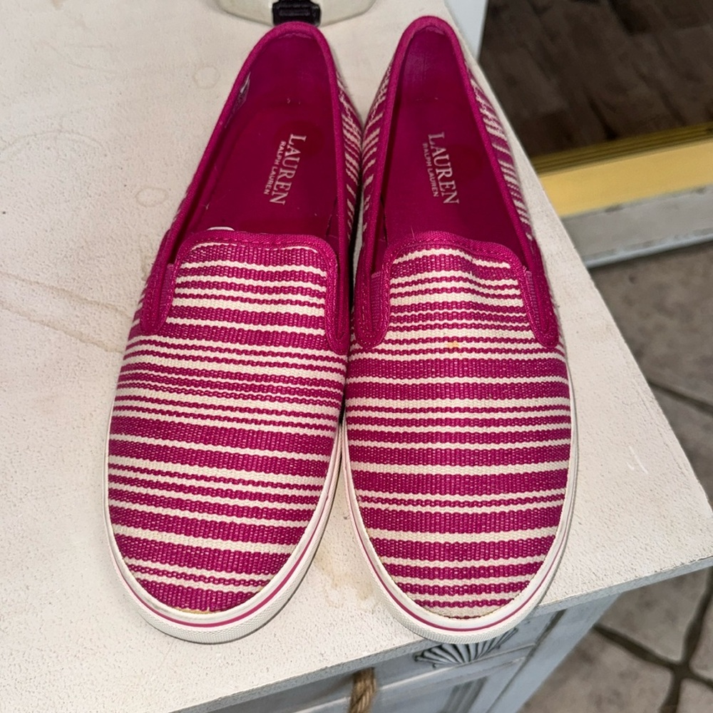 NWOT, Ralph Lauren pink striped slip on  loafers. Size 9.
